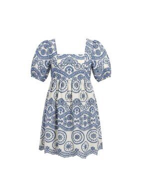 Sundayup Women White & Blue Embroidered Cotton Dress Square Neck Size L